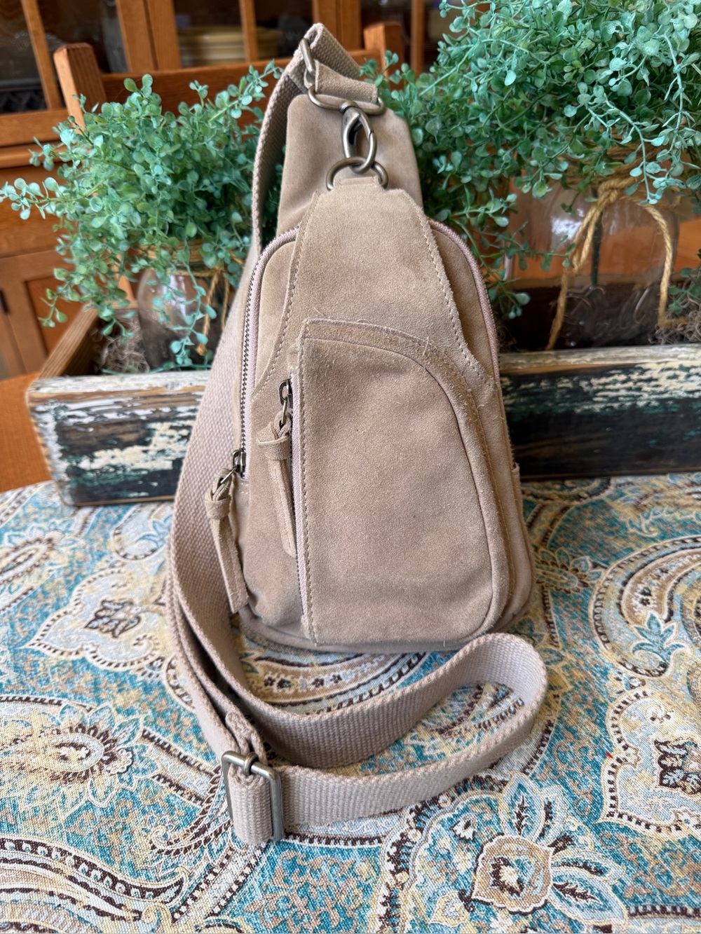 Free People Hudson Suede Sling Bag Taupe Crossbody Boho Adjustable strap